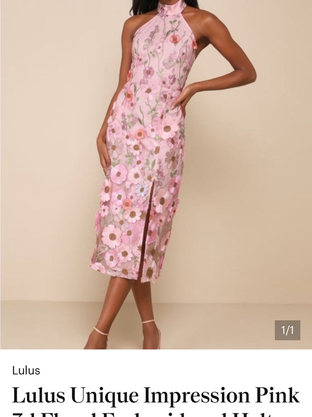 Lulu's Pink Floral Halter Midi Dress with Front Slit